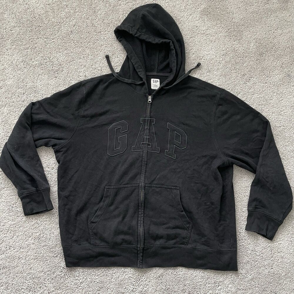 Vintage Gap Hoodie Mens XL Full Zip Jacket Black Embroidered Spellout Pockets